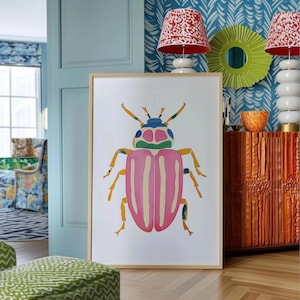 Wall Art, Dopamine Beetle Print, Colorful Bug Illustration, Pastel Entomology Decor, Whimsical Cottagecore Artwork, Beetle Print, Bug Art