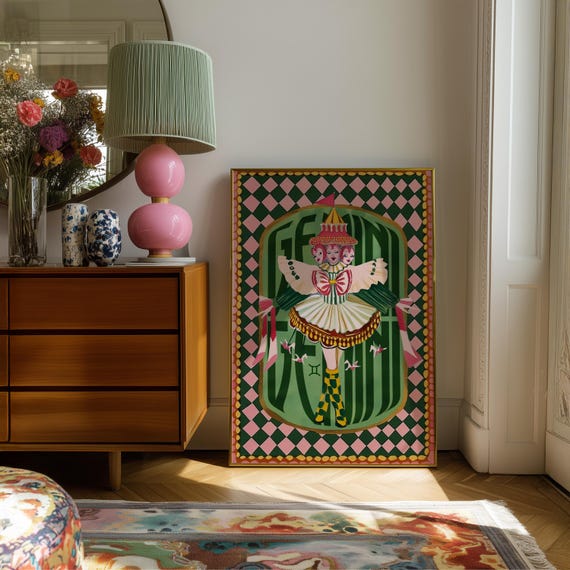 Gemini Zodiac Wall Art: Coquette Astrology Print, Whimsical Circus Poster, Boho Bedroom Decor