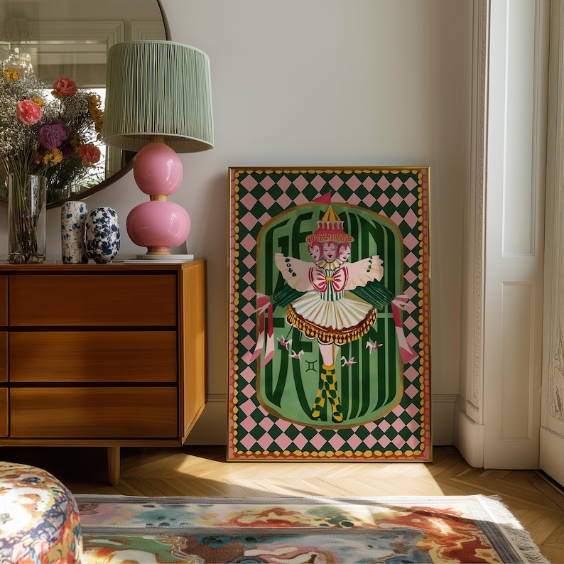 Gemini Zodiac Wall Art: Coquette Astrology Print, Whimsical Circus Poster, Boho Bedroom Decor image 1