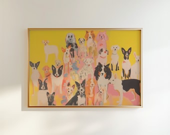 May include: A colorful painting of a group of dogs in various poses. The dogs are all different breeds and colors, and they are set against a yellow background.