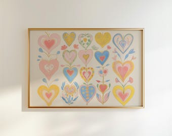 Puede incluir: Una impresión enmarcada con un diseño colorido de corazones con acentos florales. Los corazones están en tonos de rosa, azul, amarillo y verde.