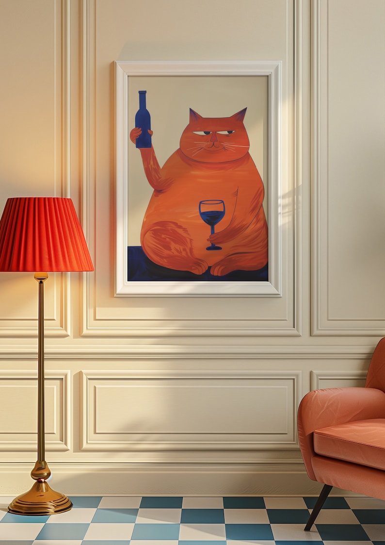 May include: A framed illustration of an orange cat holding a glass of red wine and a bottle of wine. The cat is sitting on a blue background.