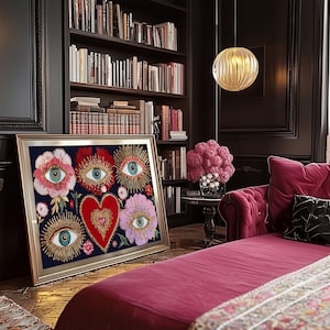 Mystical wall art featuring all-seeing eyes set in radiant flowers with golden rays, anchored by a glowing red heart. This visionary artwork merges mysticism, folk spirituality, and psychedelic symbolism, making it a perfect fit for a witchy boho room, meditation corner, or spiritual gift. Designed for lovers of esoteric beauty and third-eye awakening art.
