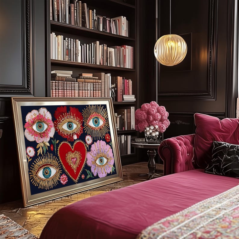 Mystical wall art featuring all-seeing eyes set in radiant flowers with golden rays, anchored by a glowing red heart. This visionary artwork merges mysticism, folk spirituality, and psychedelic symbolism, making it a perfect fit for a witchy boho room, meditation corner, or spiritual gift. Designed for lovers of esoteric beauty and third-eye awakening art.