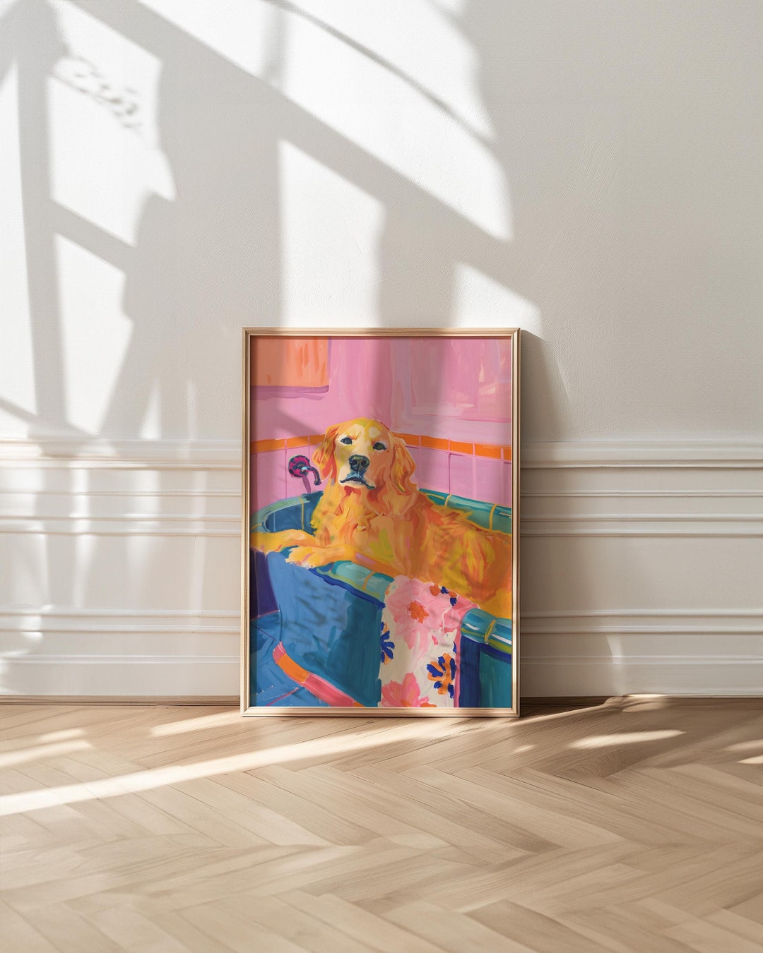 Golden Retriever in Bathtub Art Print: Trendy Dog Bathroom Decor - Etsy