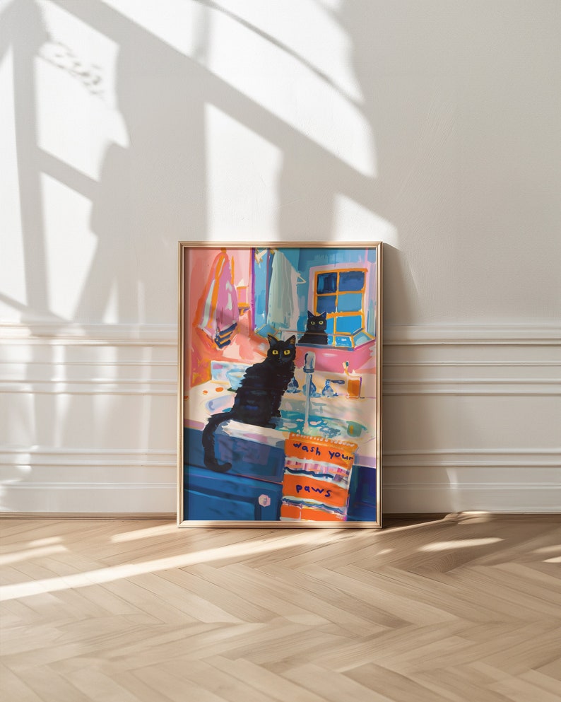 Maximalist Bathroom Decor, Wash Your Paws, Dopamine Decor, Trendy Cat Art, Apartment Decor, Kitsch Aesthetic Wall Art, Colorful Cat Art