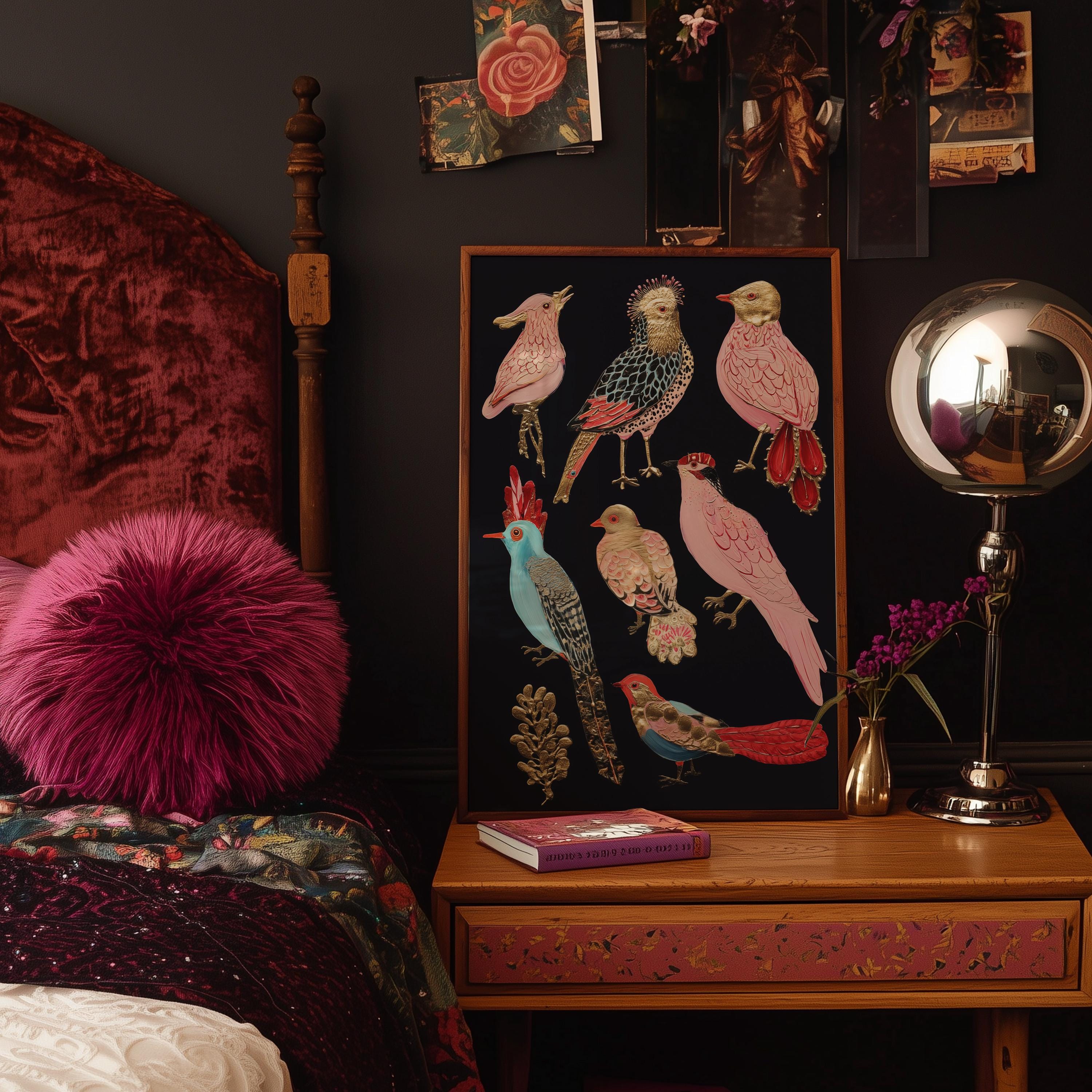 Kunst aan de muur, kleurrijke vogelprint, maximalist woondecoratie, grillige dierenillustratie, natuurkunst aan de muur, boho-decor kinderkamer, vogelposter