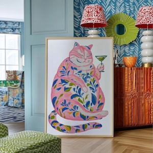 ウォールアート、ピンクワインのウォールアート、猫のプリント、カラフルな花柄の猫のポスター、バーカートキッチンのドーパミン装飾、ガーリーなアパートメントのマキシマリストホーム