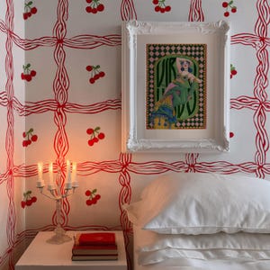 Virgo zodiac wall art featuring a dazzling, vintage-style showgirl held gracefully by a green hand, adorned in vibrant bejeweled fashion. Surrounded by bold “Virgo” lettering and a retro pink-and-green checkerboard frame, this mystical, feminine artwork is perfect for astrology lovers, coquette dorms, and magical bedroom spaces.