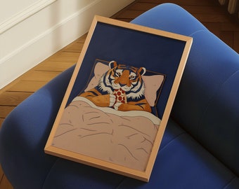 Tiger Eating Pizza Poster: Retro 70s Navy Blue Wall Art - Etsy