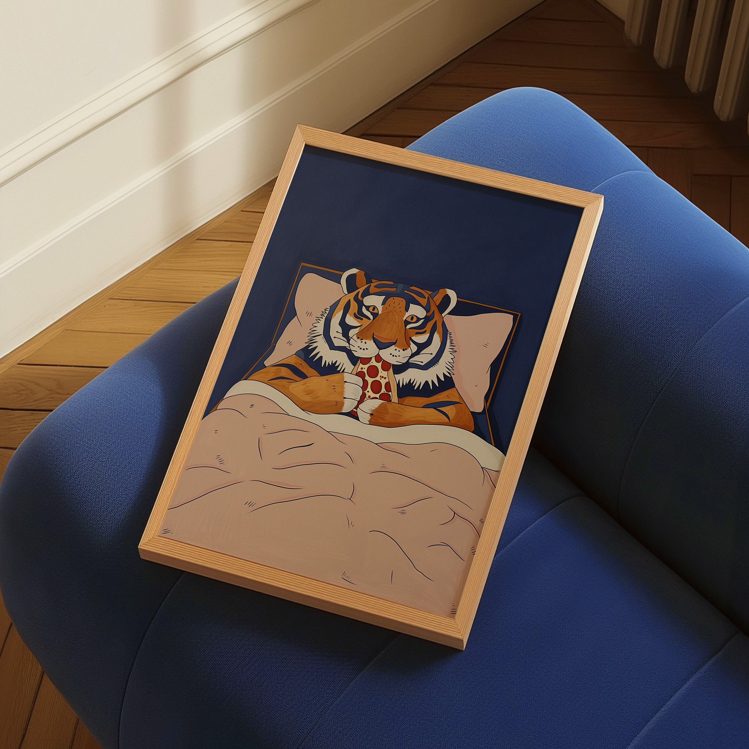 Tiger Eating Pizza Poster: Retro 70s Navy Blue Wall Art - Etsy