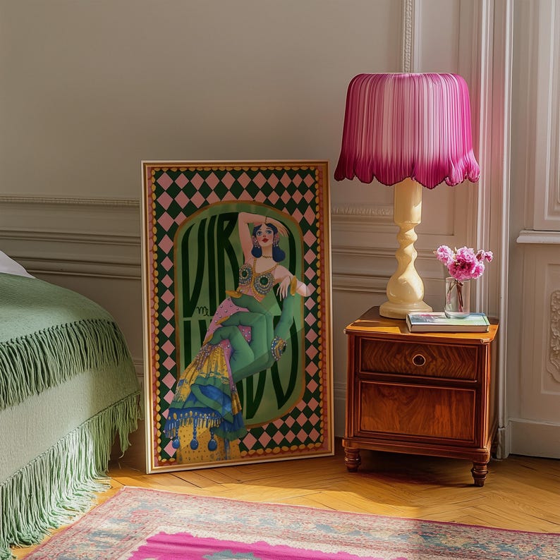 Virgo zodiac wall art featuring a dazzling, vintage-style showgirl held gracefully by a green hand, adorned in vibrant bejeweled fashion. Surrounded by bold “Virgo” lettering and a retro pink-and-green checkerboard frame, this mystical, feminine artwork is perfect for astrology lovers, coquette dorms, and magical bedroom spaces.