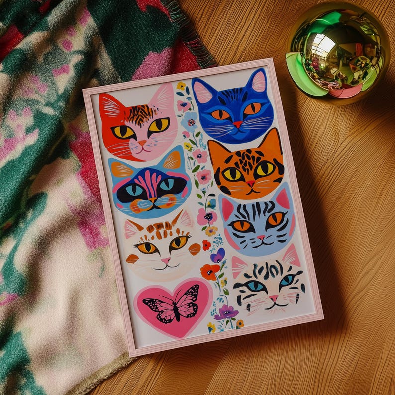 Eclectic Cat Portrait Print: Floral Butterfly Decor, Colorful Wall Art ...