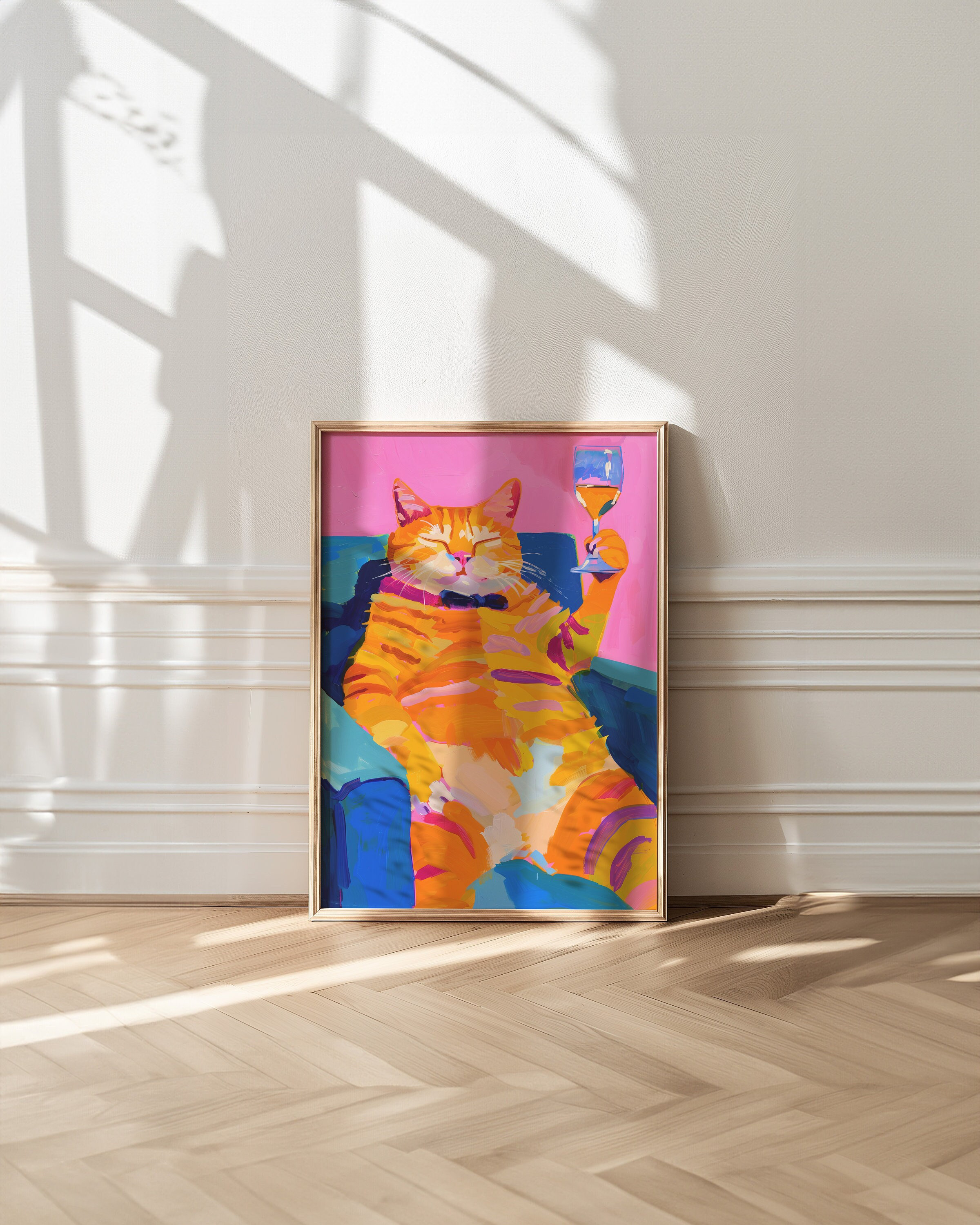 Maximalist Wall Art, Orange Cat Poster, Dopamine Decor, Bar Cart Decor, Cat Decor, Pink Kitsch Aesthetic, Preppy Wall Art, Champagne Art