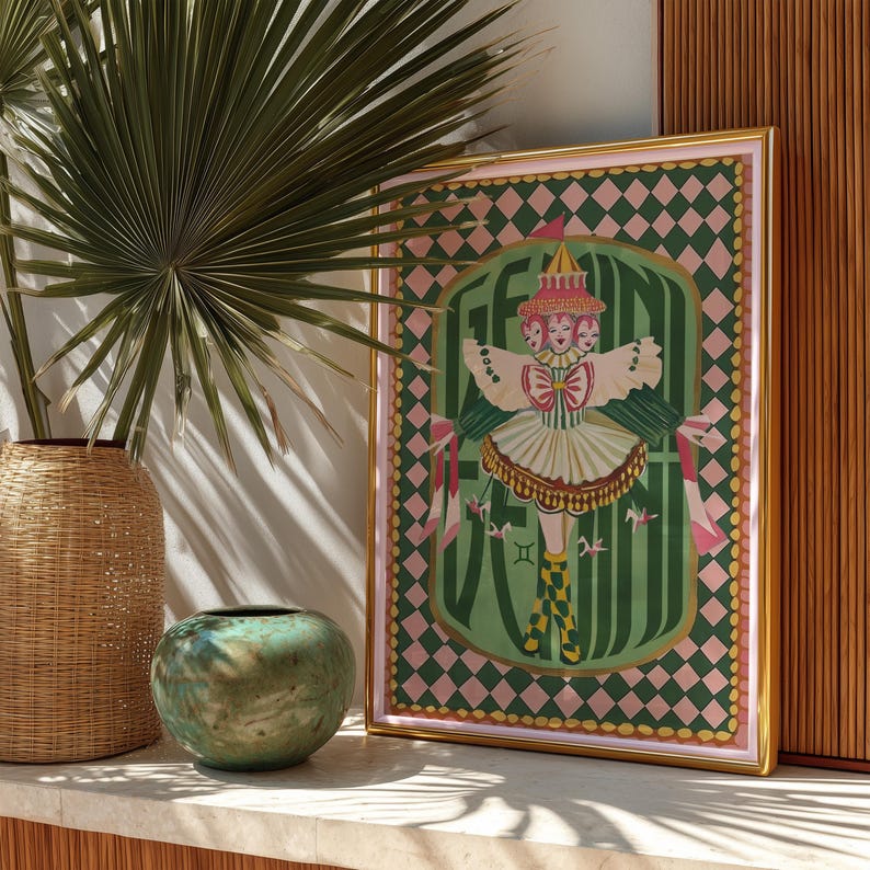 Gemini Zodiac Wall Art: Coquette Astrology Print, Whimsical Circus Poster, Boho Bedroom Decor image 3