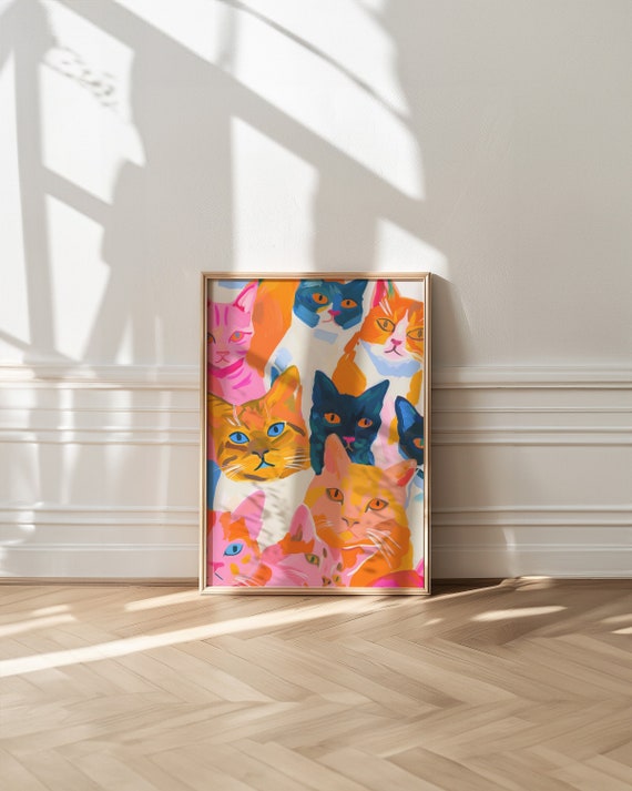 Stampa Su Tela Con Gatto Colorato – Quadro Divertente Per Soggiorno O Camera Da Letto