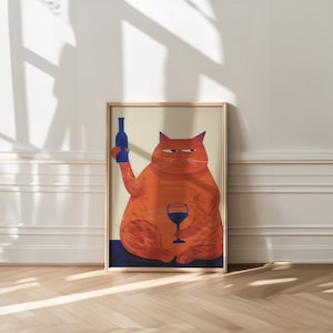 May include: A framed illustration of an orange cat holding a bottle of wine in one paw and a glass of wine in the other. The cat has a serious expression on its face.