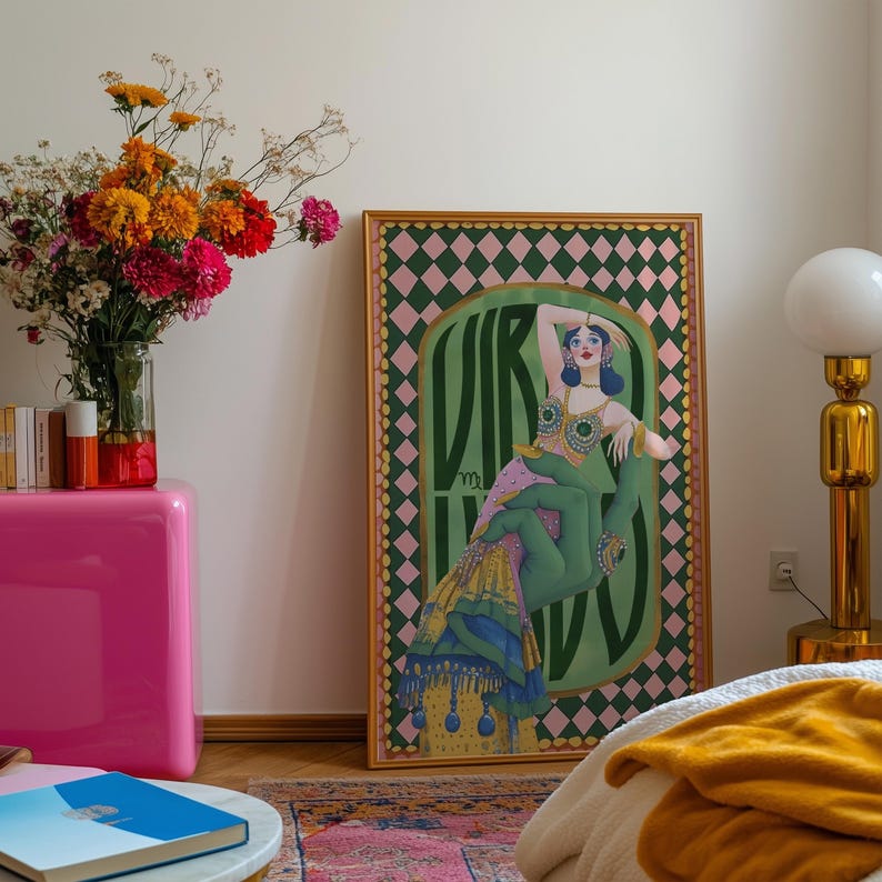 Virgo zodiac wall art featuring a dazzling, vintage-style showgirl held gracefully by a green hand, adorned in vibrant bejeweled fashion. Surrounded by bold “Virgo” lettering and a retro pink-and-green checkerboard frame, this mystical, feminine artwork is perfect for astrology lovers, coquette dorms, and magical bedroom spaces.