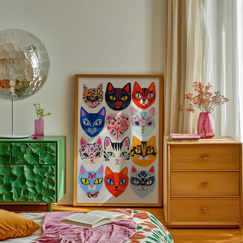 Eclectic Cat Faces Art Print: Colorful Maximalist Wall Decor - Etsy