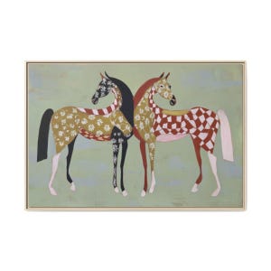 May include: An artistic painting of two horses standing side by side. The horse on the left has a black mane and tail, with a gold and white floral pattern on its body. The horse on the right has a red and white checkered pattern.