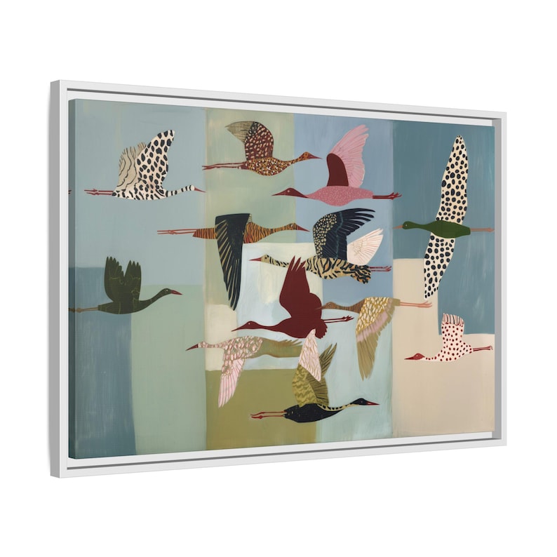 Whimsical Birds Art Print: Colorful Crane Illustration, Modern Folk Decor Framed Canva (white)