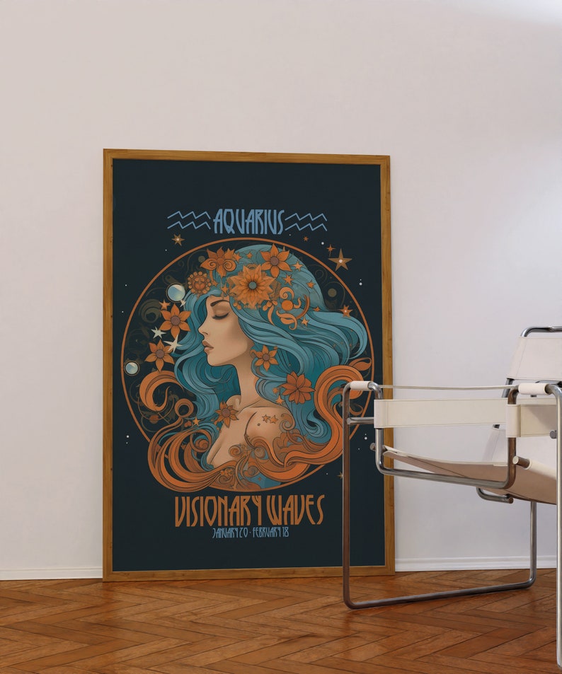 Aquarius Zodiac Poster, Art Nouveau Wall Art Print, 70s Decor for Home