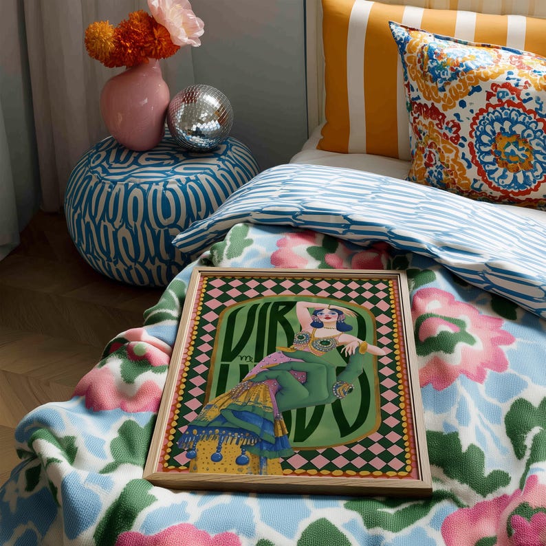 Virgo zodiac wall art featuring a dazzling, vintage-style showgirl held gracefully by a green hand, adorned in vibrant bejeweled fashion. Surrounded by bold “Virgo” lettering and a retro pink-and-green checkerboard frame, this mystical, feminine artwork is perfect for astrology lovers, coquette dorms, and magical bedroom spaces.
