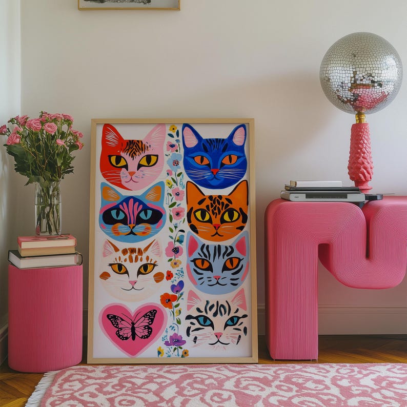 Eclectic Cat Portrait Print: Floral Butterfly Decor, Colorful Wall Art ...
