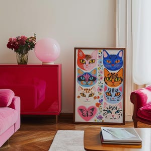 Eclectic Cat Portrait Print: Floral Butterfly Decor, Colorful Wall Art ...