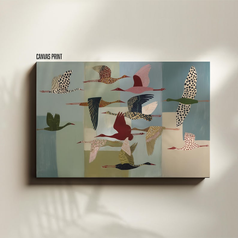 May include: A rectangular canvas print featuring a flock of birds in flight against a background of muted blue, green, and beige vertical color blocks. The birds are depicted in various colors including red, black, white, and green with patterns.