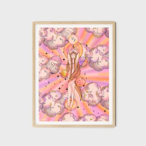 May include: A pink and orange watercolor illustration of a zodiac sign, Capricorn, with a woman in a star-shaped halo standing on a planet. The background is filled with clouds and stars.
