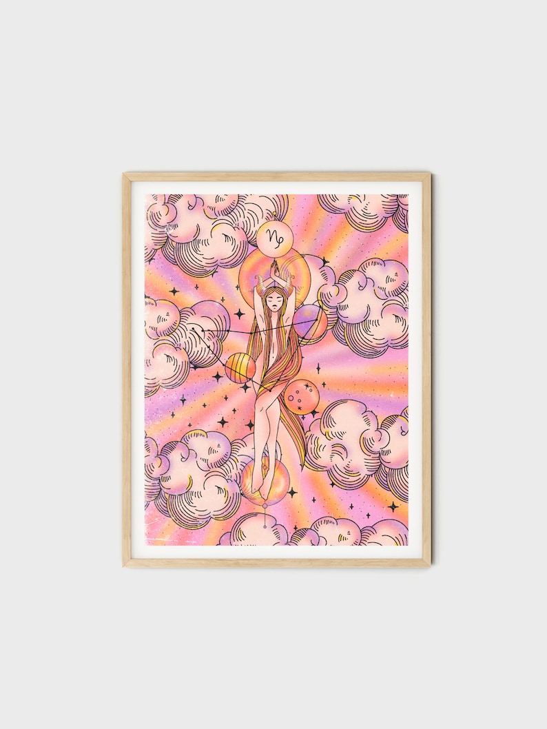 May include: A pink and orange watercolor illustration of a zodiac sign, Capricorn, with a woman in a star-shaped halo standing on a planet. The background is filled with clouds and stars.