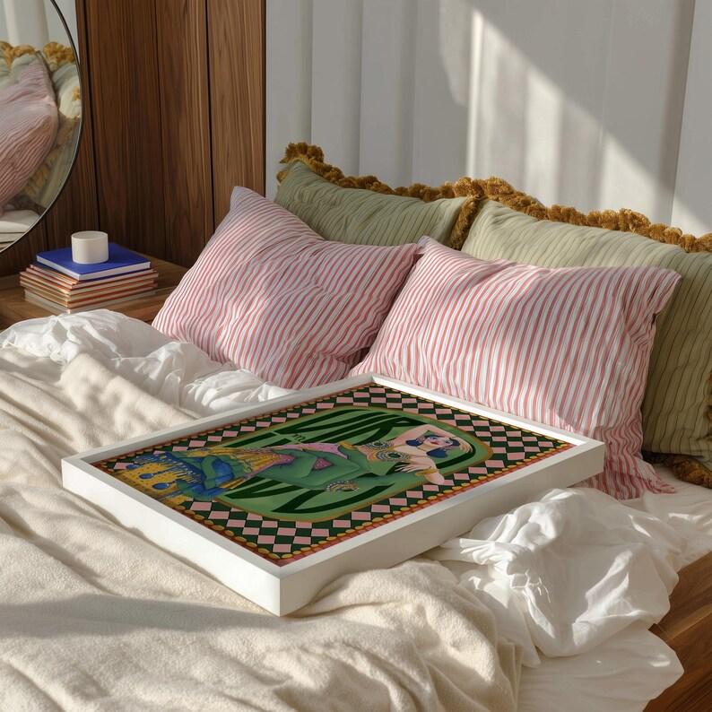 Virgo zodiac wall art featuring a dazzling, vintage-style showgirl held gracefully by a green hand, adorned in vibrant bejeweled fashion. Surrounded by bold “Virgo” lettering and a retro pink-and-green checkerboard frame, this mystical, feminine artwork is perfect for astrology lovers, coquette dorms, and magical bedroom spaces.