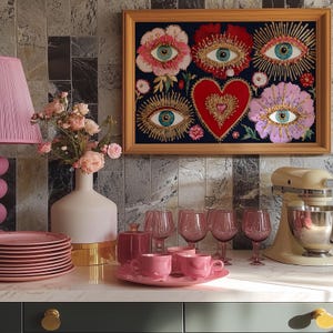 Mystical wall art featuring all-seeing eyes set in radiant flowers with golden rays, anchored by a glowing red heart. This visionary artwork merges mysticism, folk spirituality, and psychedelic symbolism, making it a perfect fit for a witchy boho room, meditation corner, or spiritual gift. Designed for lovers of esoteric beauty and third-eye awakening art.