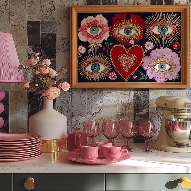 Mystical wall art featuring all-seeing eyes set in radiant flowers with golden rays, anchored by a glowing red heart. This visionary artwork merges mysticism, folk spirituality, and psychedelic symbolism, making it a perfect fit for a witchy boho room, meditation corner, or spiritual gift. Designed for lovers of esoteric beauty and third-eye awakening art.