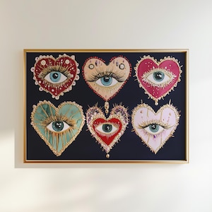 Arte murale, stampa psichedelica a forma di cuore, decorazione massimalista gotica, poster estetica dark, arte nei toni dei gioielli, decorazione murale eclettica per camera da letto