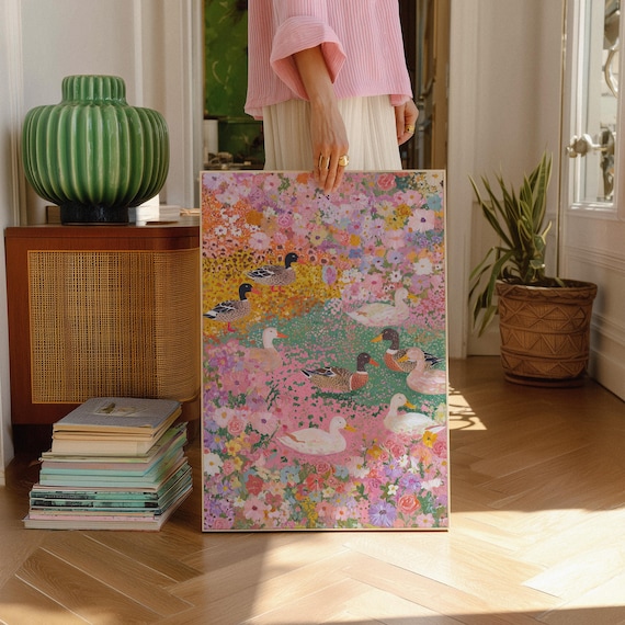 Duck Wall Art: Colorful Floral Print, Whimsical Animal Poster, Cottagecore Living Room Décor