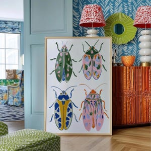 Wall Art, Quad Beetle Print, Colorful Insect Illustration, Dopamine Decor, Botanical Bug Poster, Whimsical Cottagecore Decor, Entomology Art
