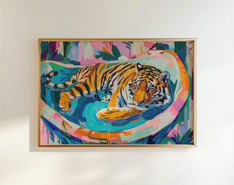 Lámina artística de tigre colorido: decoración maximalista para el baño