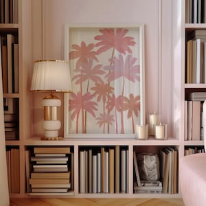 Wall Art, Pink Palm Trees Poster, Tropical Coastal Decor, Preppy Summer Print, Boho Beach Wall Art, Pastel Palm Illustration