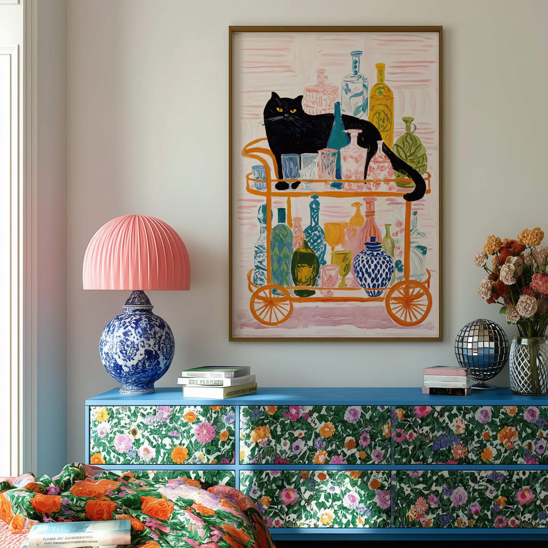Black Cat Cocktail Bar Cart Art Print: Retro Kitchen Decor - Etsy