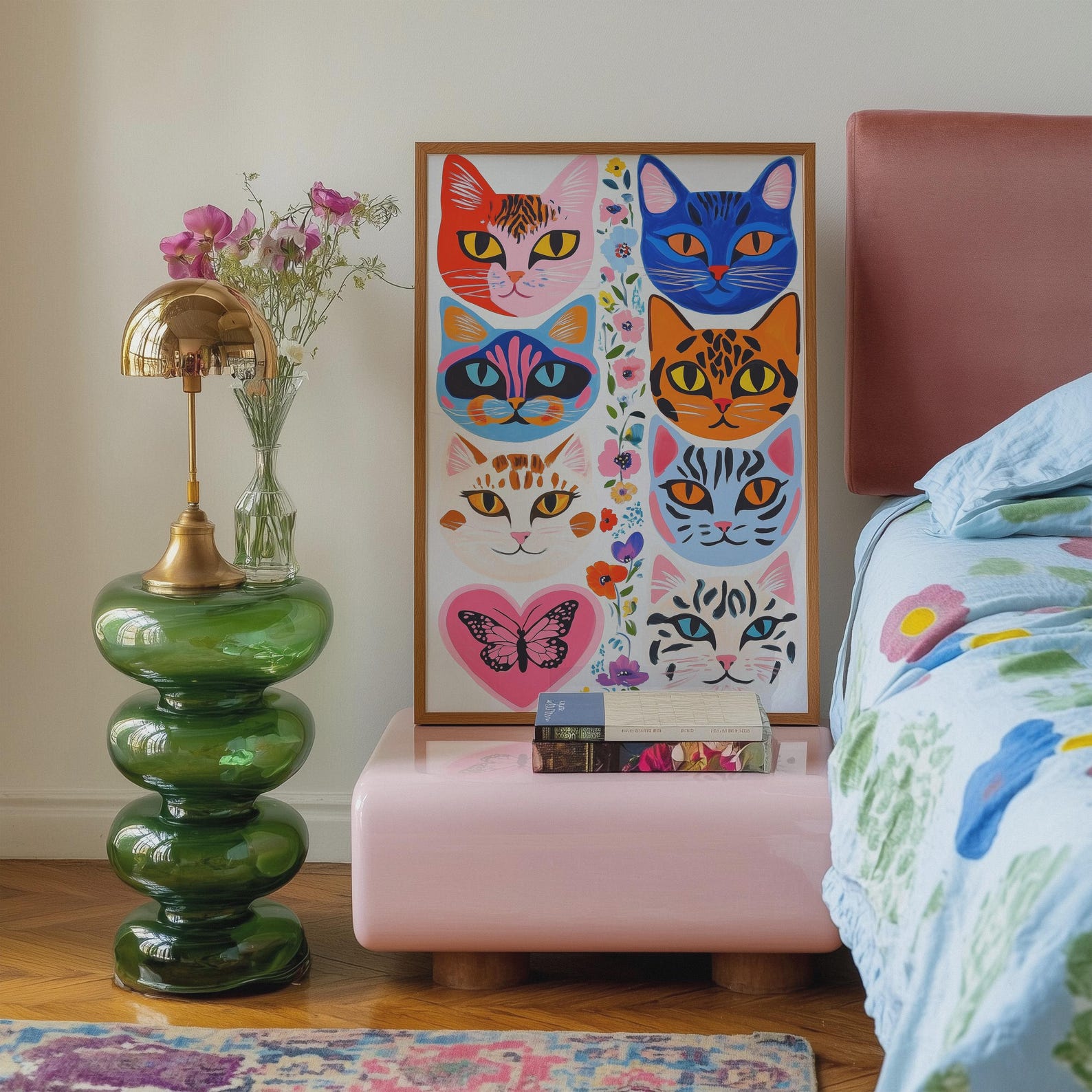 Eclectic Cat Portrait Print: Floral Butterfly Decor, Colorful Wall Art ...