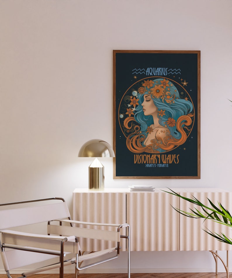 Aquarius Zodiac Poster, Art Nouveau Wall Art Print, 70s Decor for Home