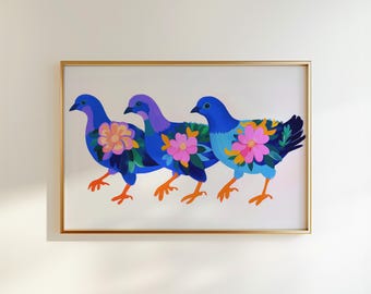 Impression d'art floral pigeon : décoration murale tendance maximaliste
