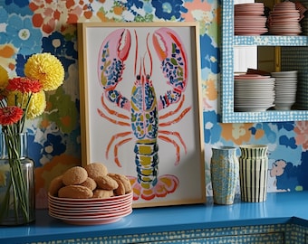 Colorful Lobster Print: Coastal Kitchen Wall Art