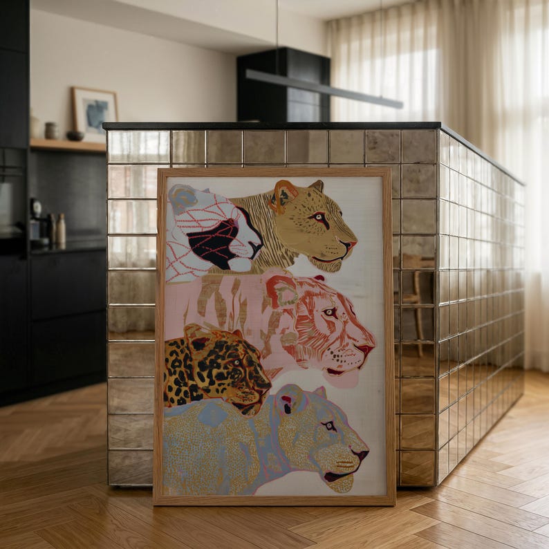 Big Cat Wall Art, Lioness Leopard Print, Safari Feline Portraits, Maximalist Decor image 15