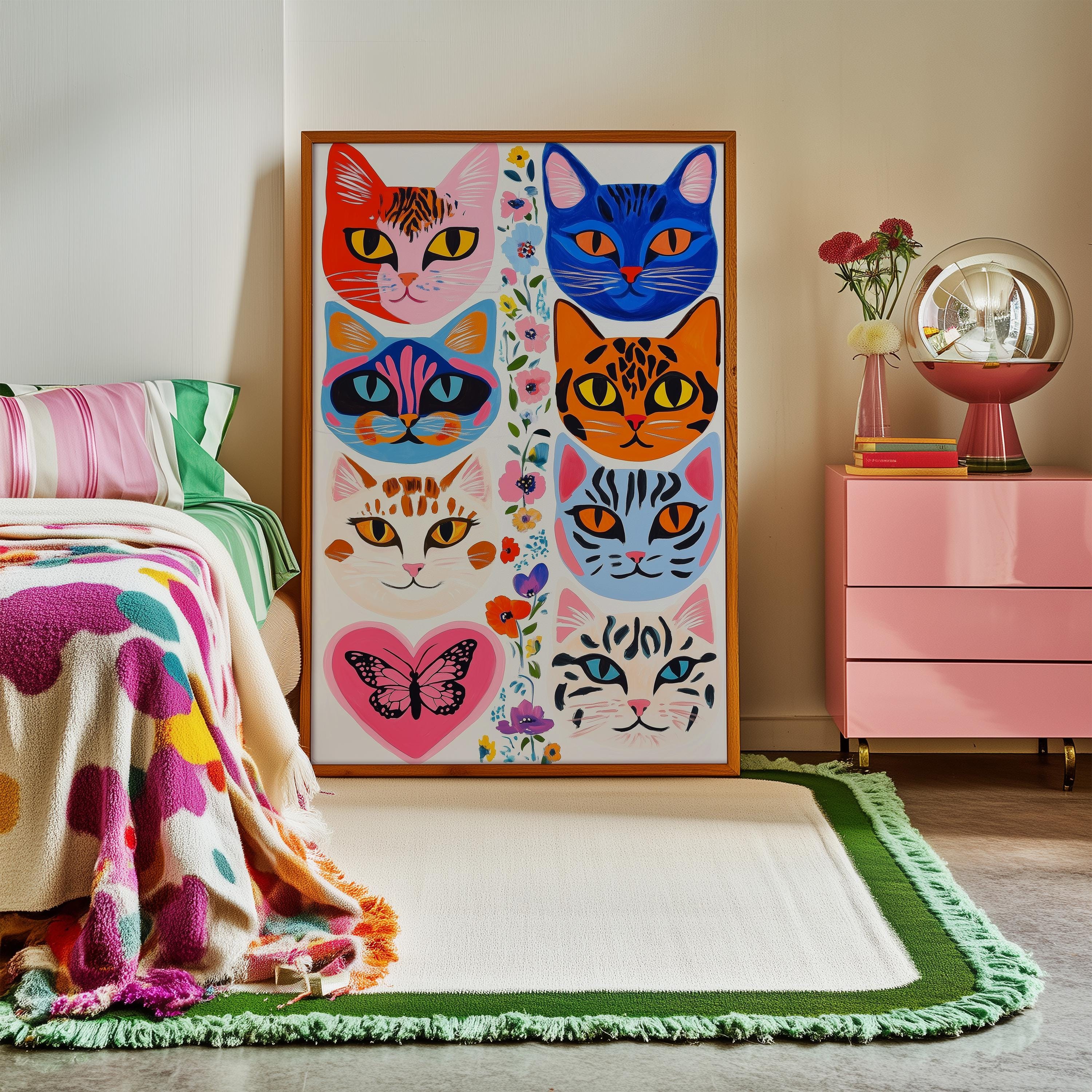 Eclectic Cat Portrait Print: Floral Butterfly Decor, Colorful Wall Art ...