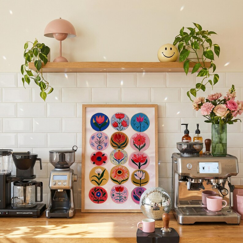 May include: A kitchen scene featuring a framed floral art print, coffee machines, and a disco ball. A pink lamp and a smiley face planter sit on a wooden shelf. A vase of pink roses adds a touch of color.