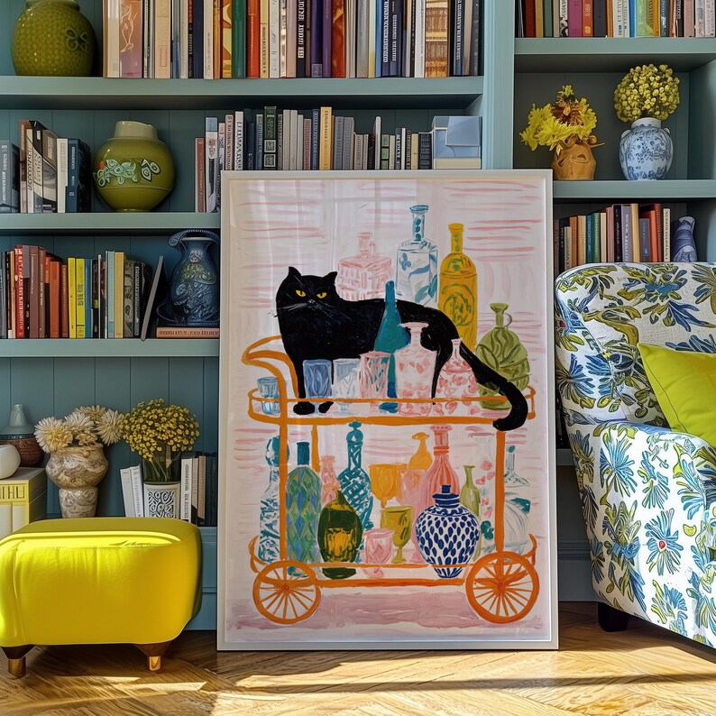 Black Cat Cocktail Bar Cart Art Print: Retro Kitchen Decor - Etsy