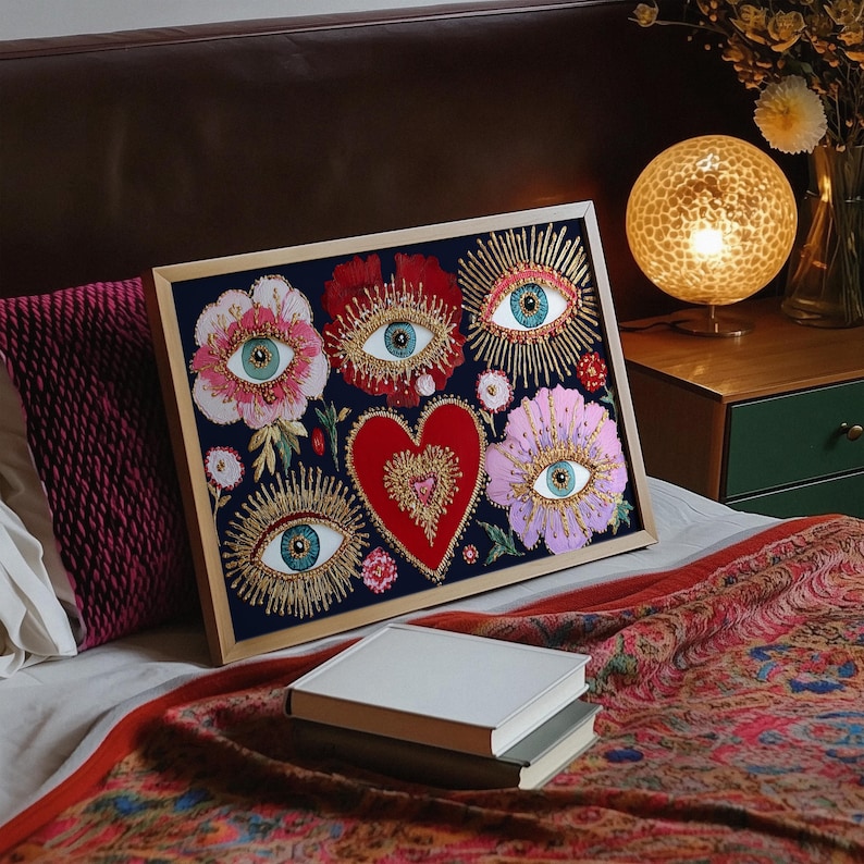Mystical wall art featuring all-seeing eyes set in radiant flowers with golden rays, anchored by a glowing red heart. This visionary artwork merges mysticism, folk spirituality, and psychedelic symbolism, making it a perfect fit for a witchy boho room, meditation corner, or spiritual gift. Designed for lovers of esoteric beauty and third-eye awakening art.